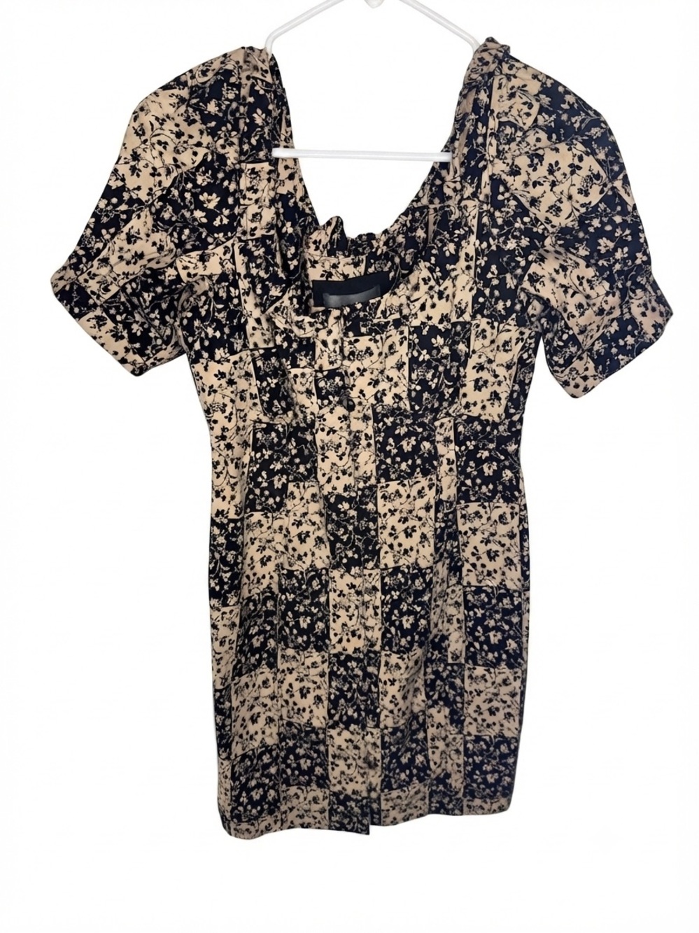 By Anthropologie Black Cream Floral Patchwork Puff Sleeve Mini Dress Sz US 6